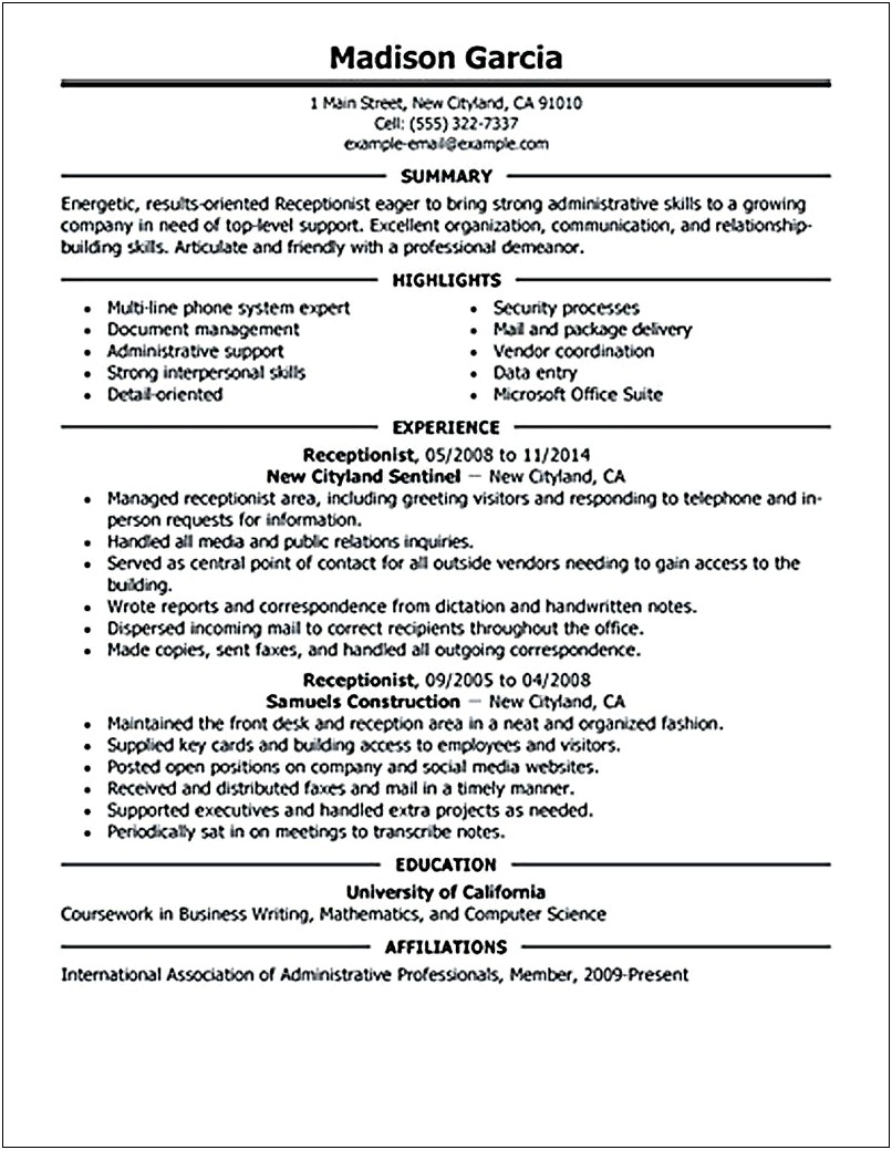 Objective For A Resume For Receptionist