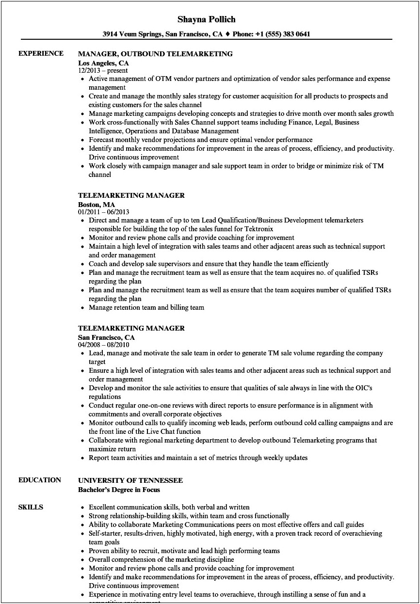 Objective For A Telemarketing Resume