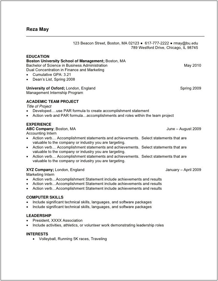 Objective For Accounting Resume Internship