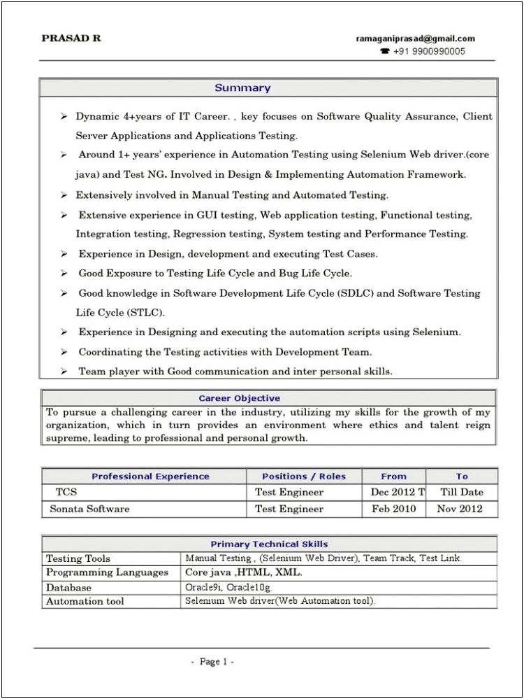 Objective For Automation Testing Resume