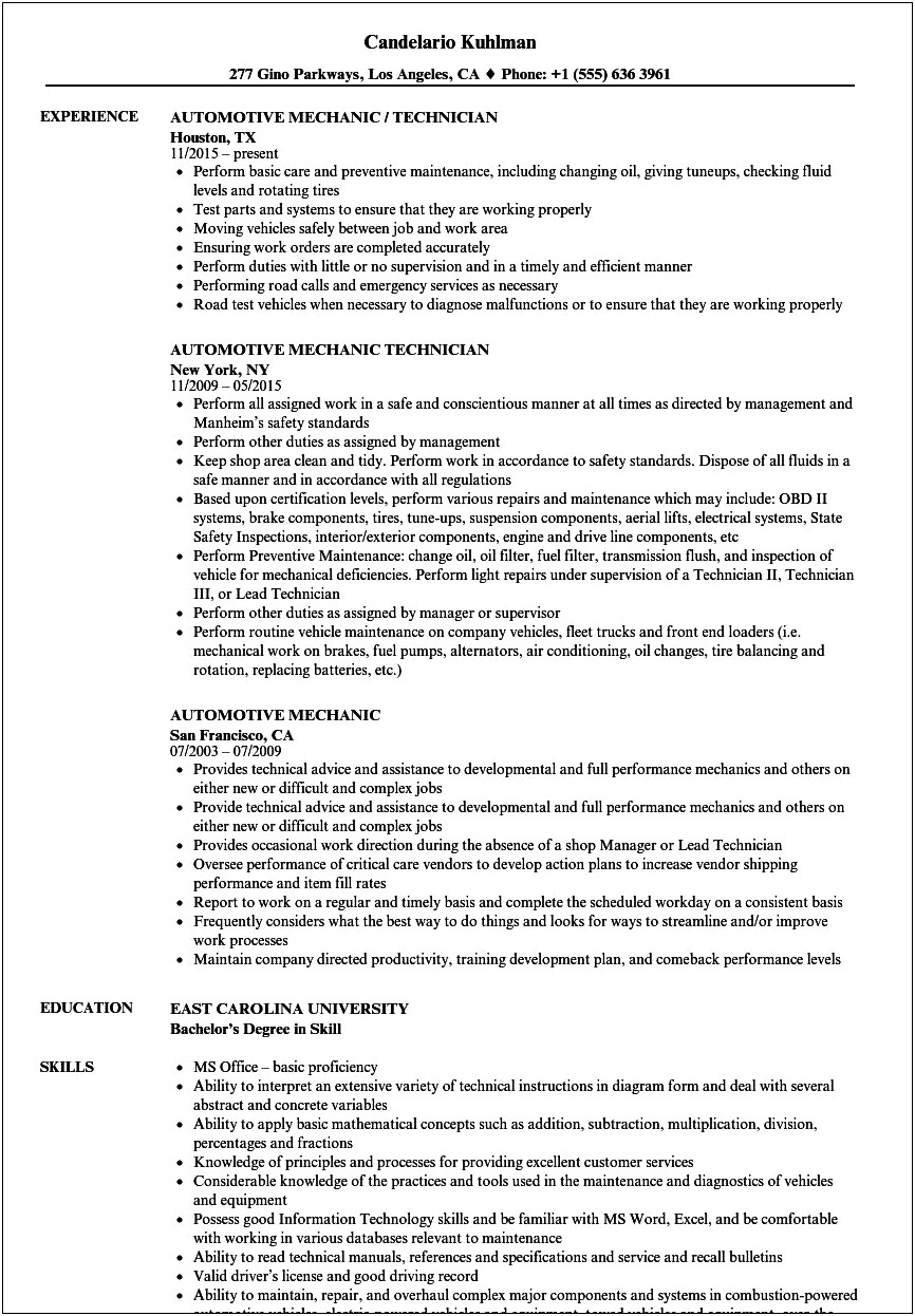 Objective For Automotive Technician Resume