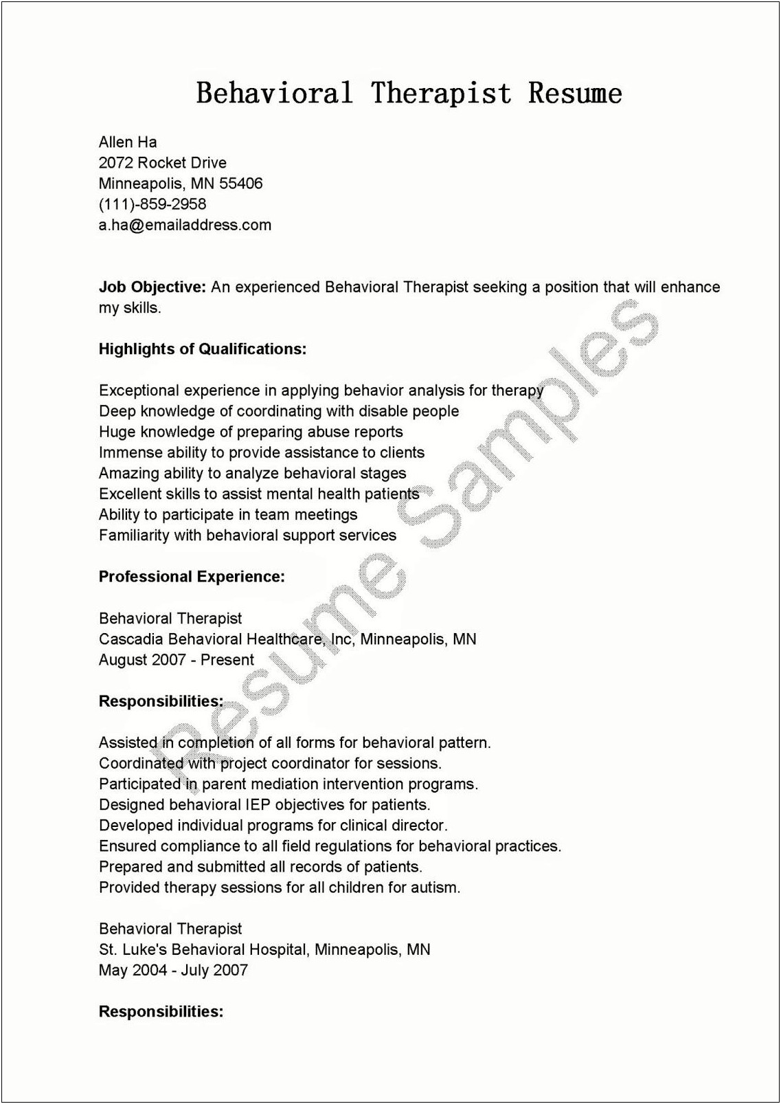Objective For Behavioral Counseling Resume