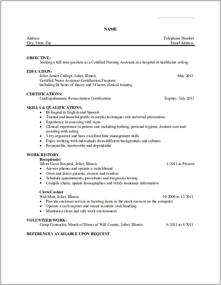 Objective For Cna Nursing Resume