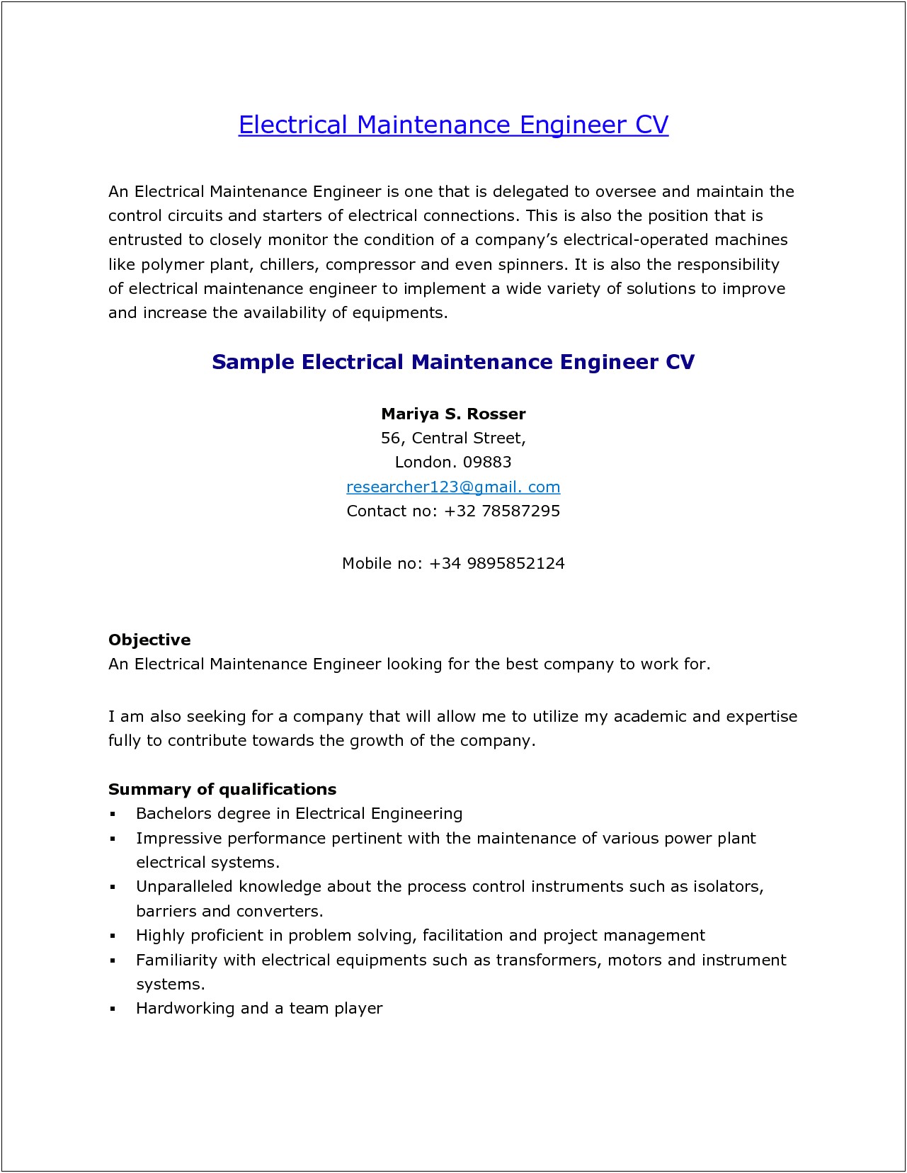 Objective For Electrical Maintenance Resume