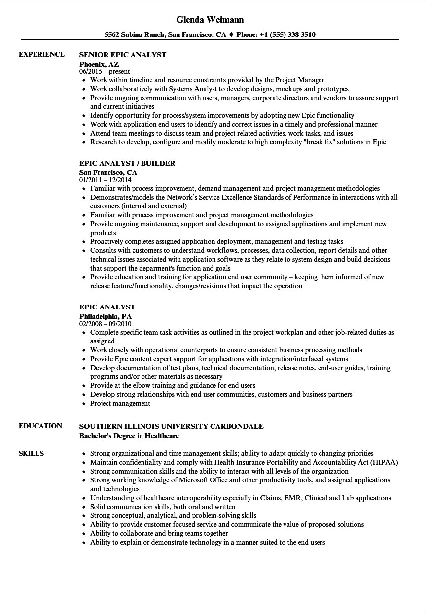 Objective For Epic Analyst Resume
