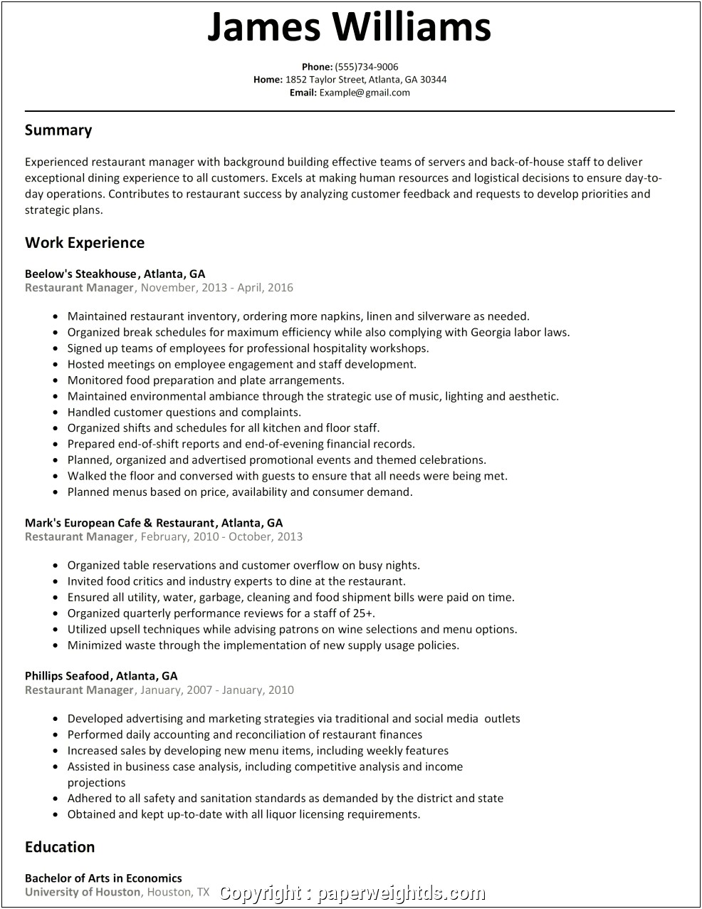 Objective For Fast Food Management Resume