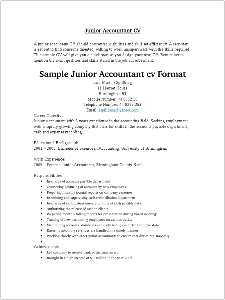 Objective For Junior Accountant Resume
