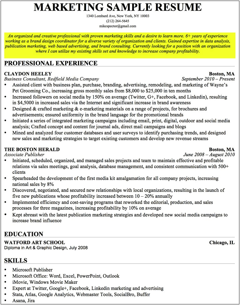 Objective For Marketing Internship Resume