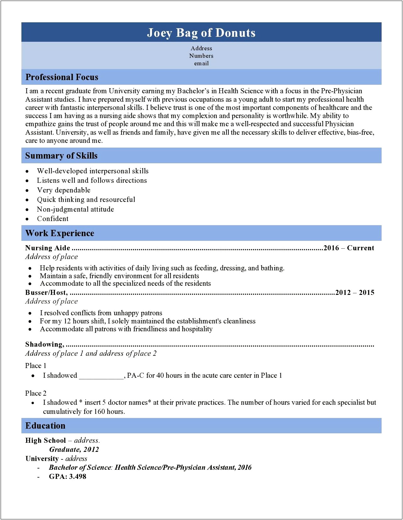 Objective For Pa School Resume