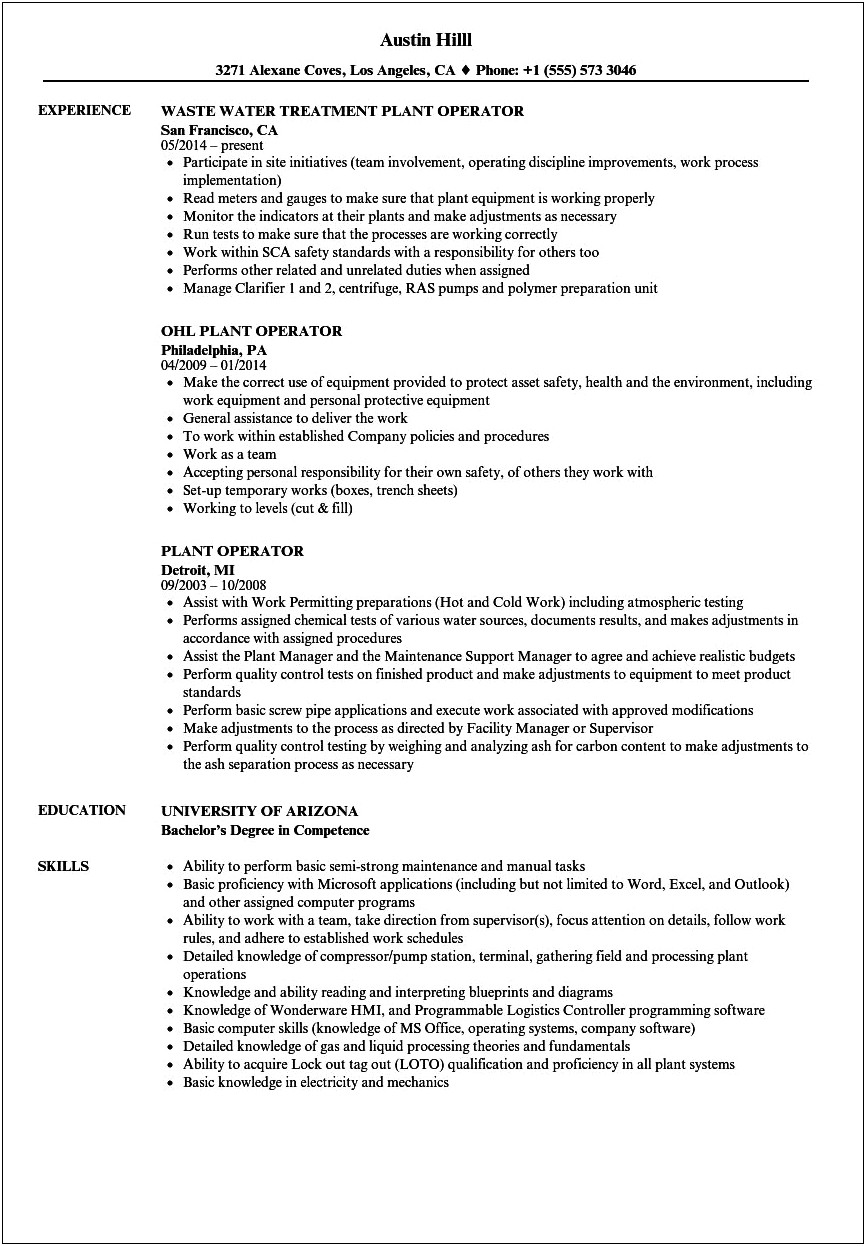 Objective For Plant Operator Resume