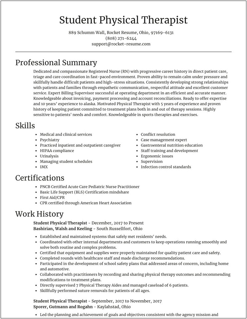 Objective For Pt Student Resume