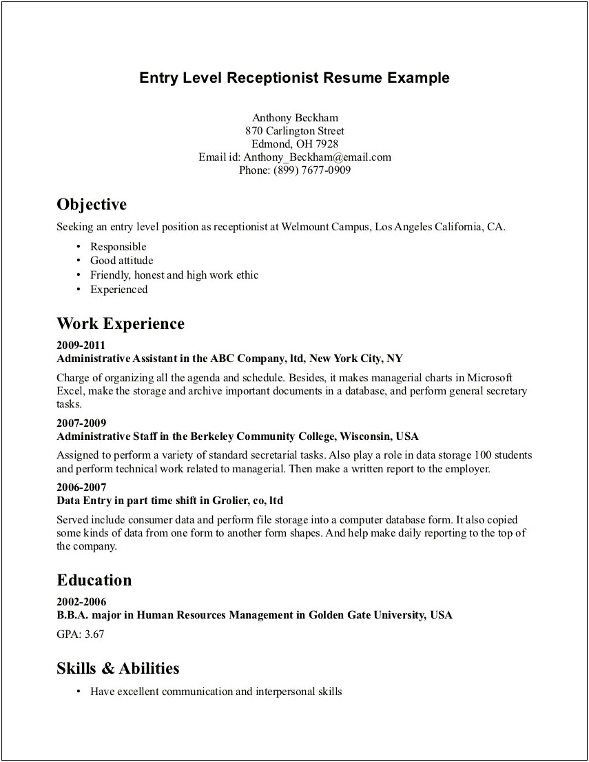 Objective For Receptionist Resume Examples