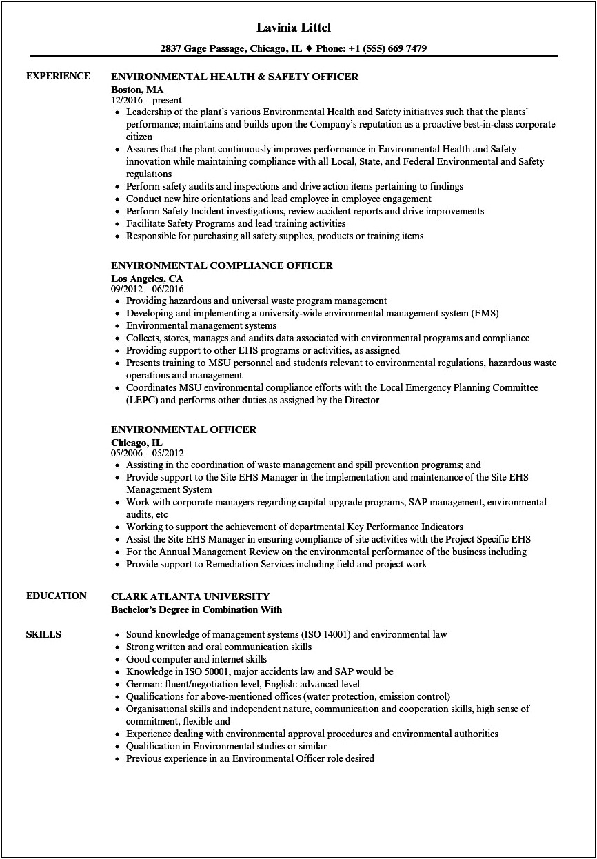 Objective For Resume Environmental Specialist