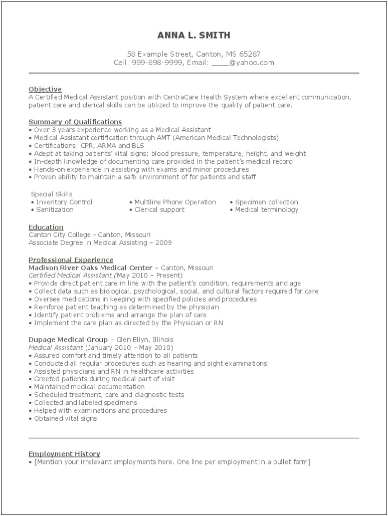 Objective For Resume Examples For Medical Assistant