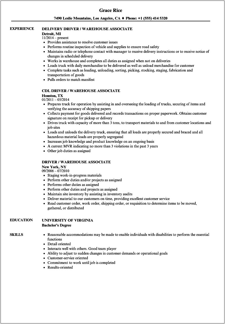 Objective For Resume Examples Warehouse