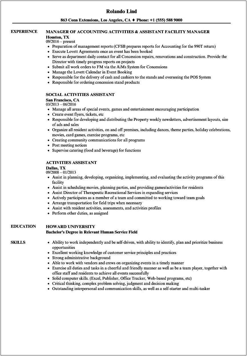 Objective For Resume For Activities Assistant