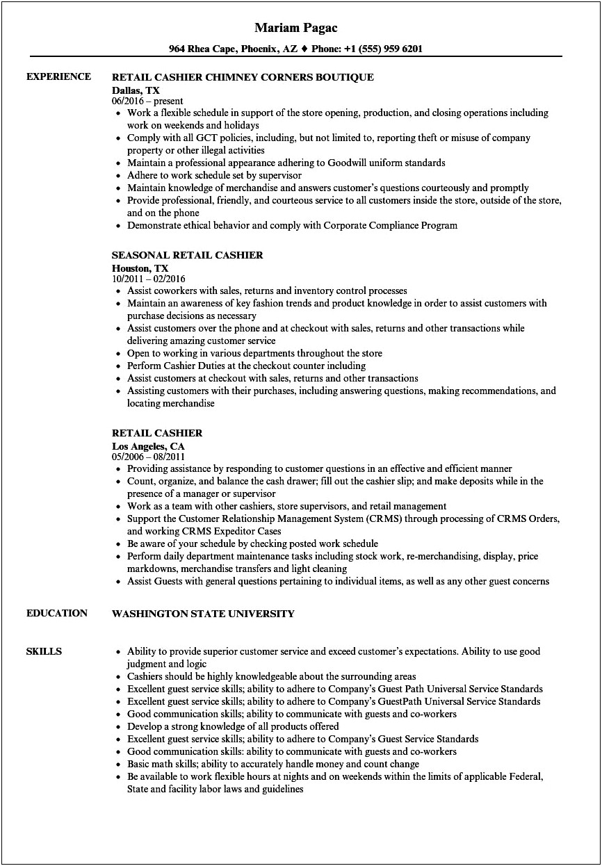 Objective For Resume For Cashier