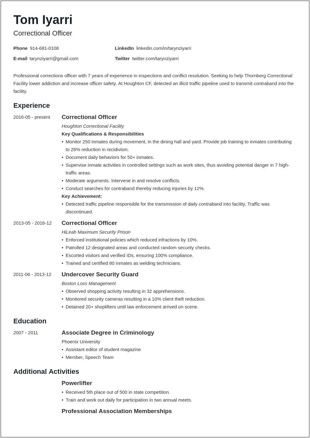 Objective For Resume For Correctional Officer