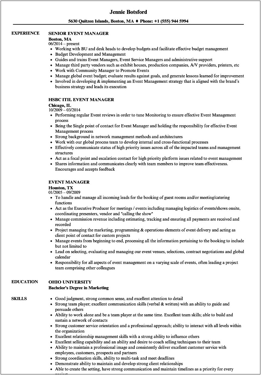Objective For Resume For Event Management