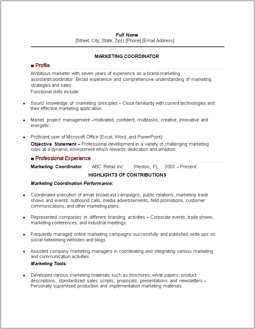 Objective For Resume Marketing Coordinator