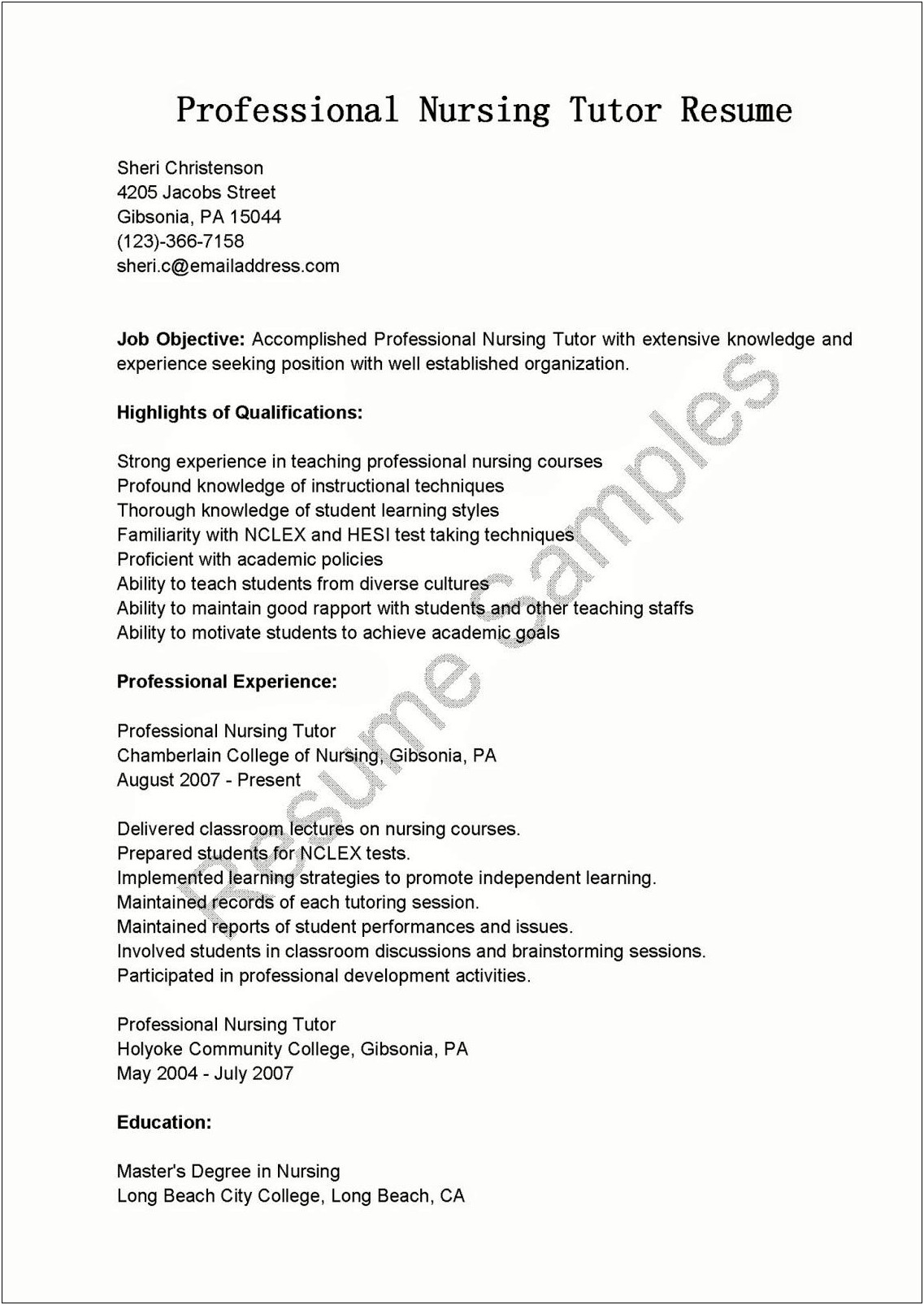 Objective For Resume Nursing Instructor