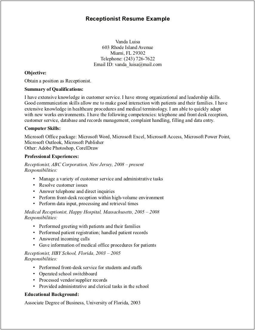 Objective For Resume Sample Receptionist