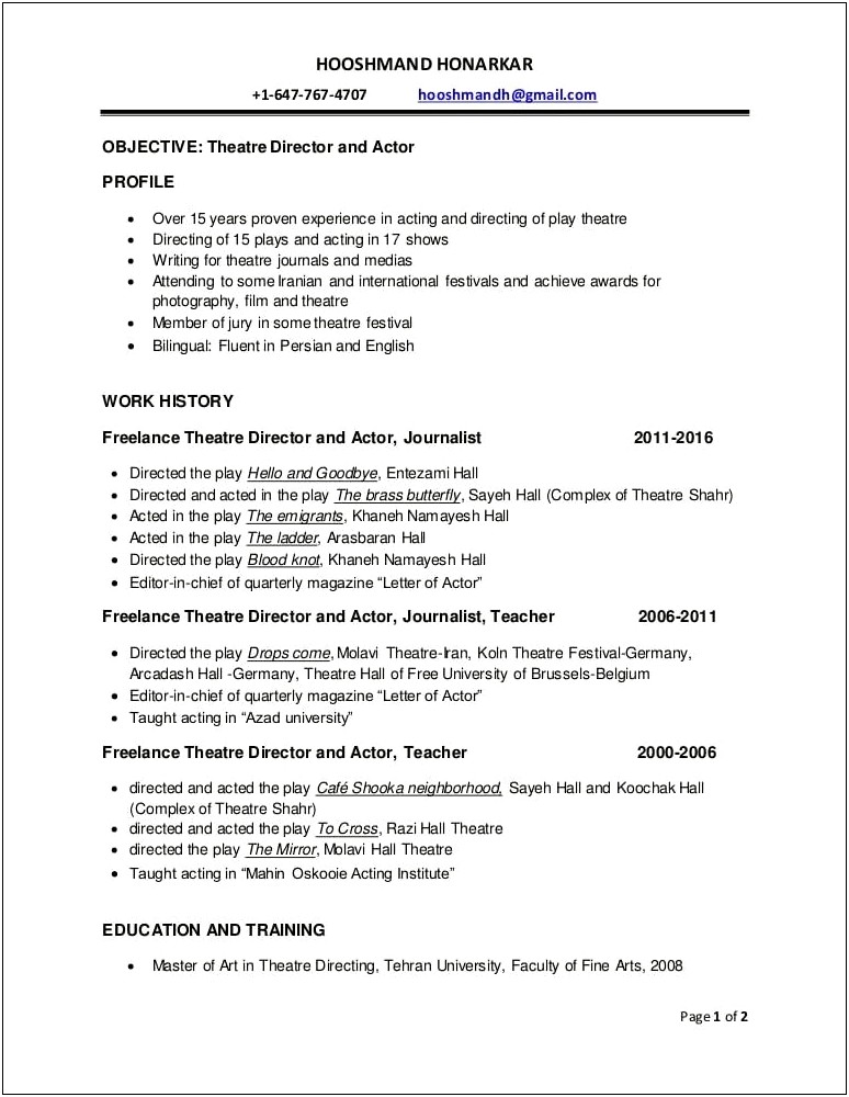 Objective For Theater Teaching Resume