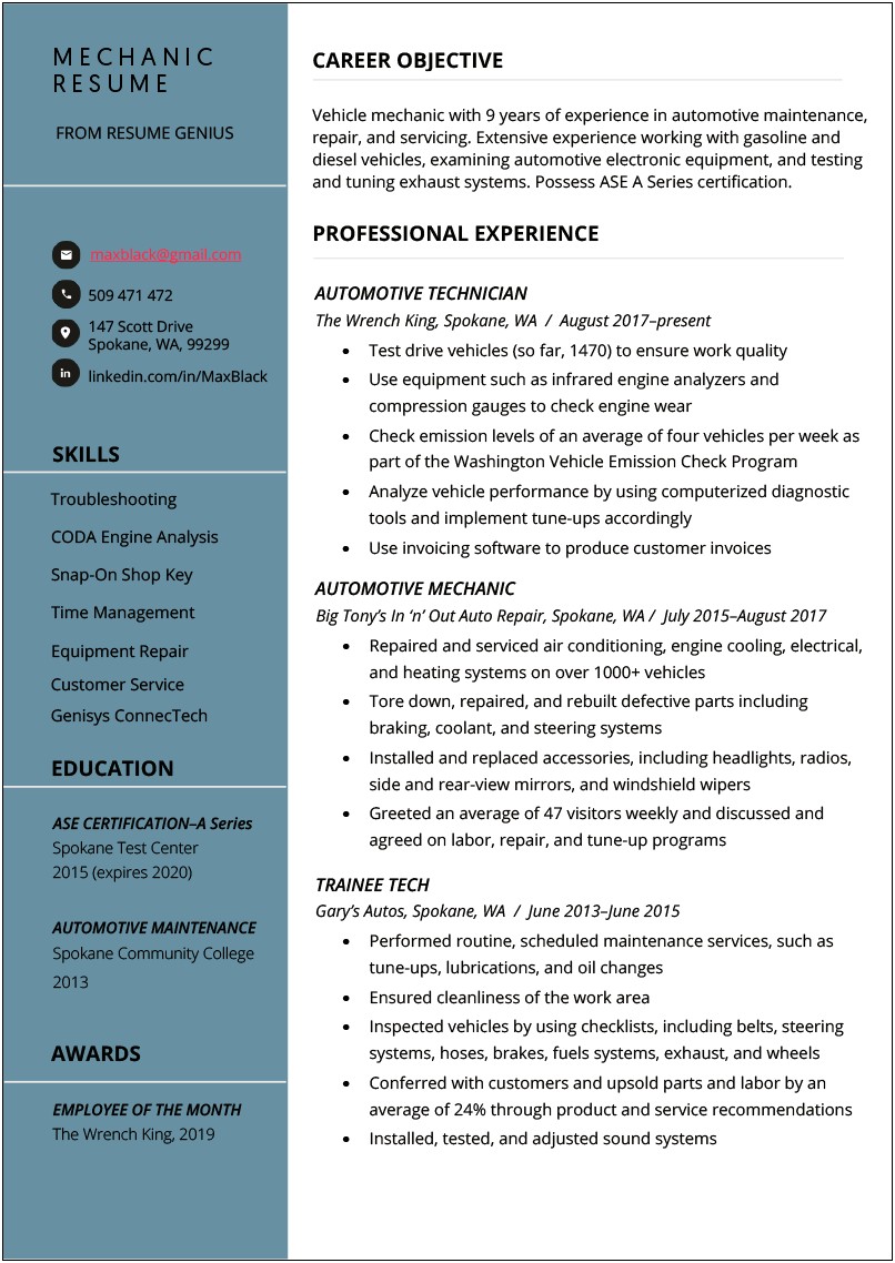 Objective In A Resume For Maintenance