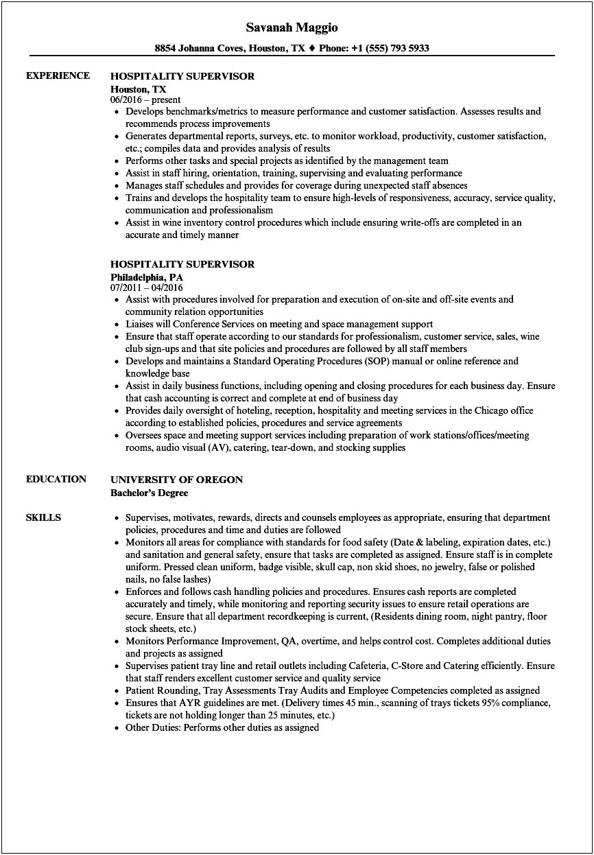 Objective In Hospitality Resume Examples