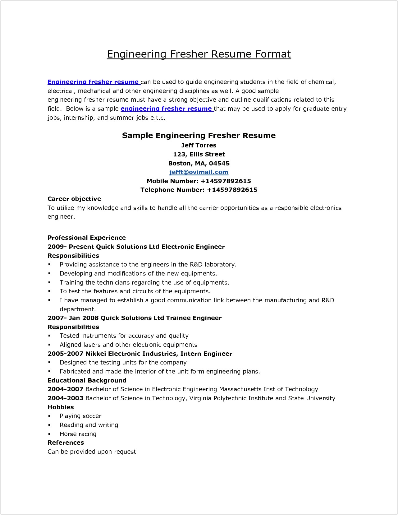 Objective In Resume For Engineer Fresher