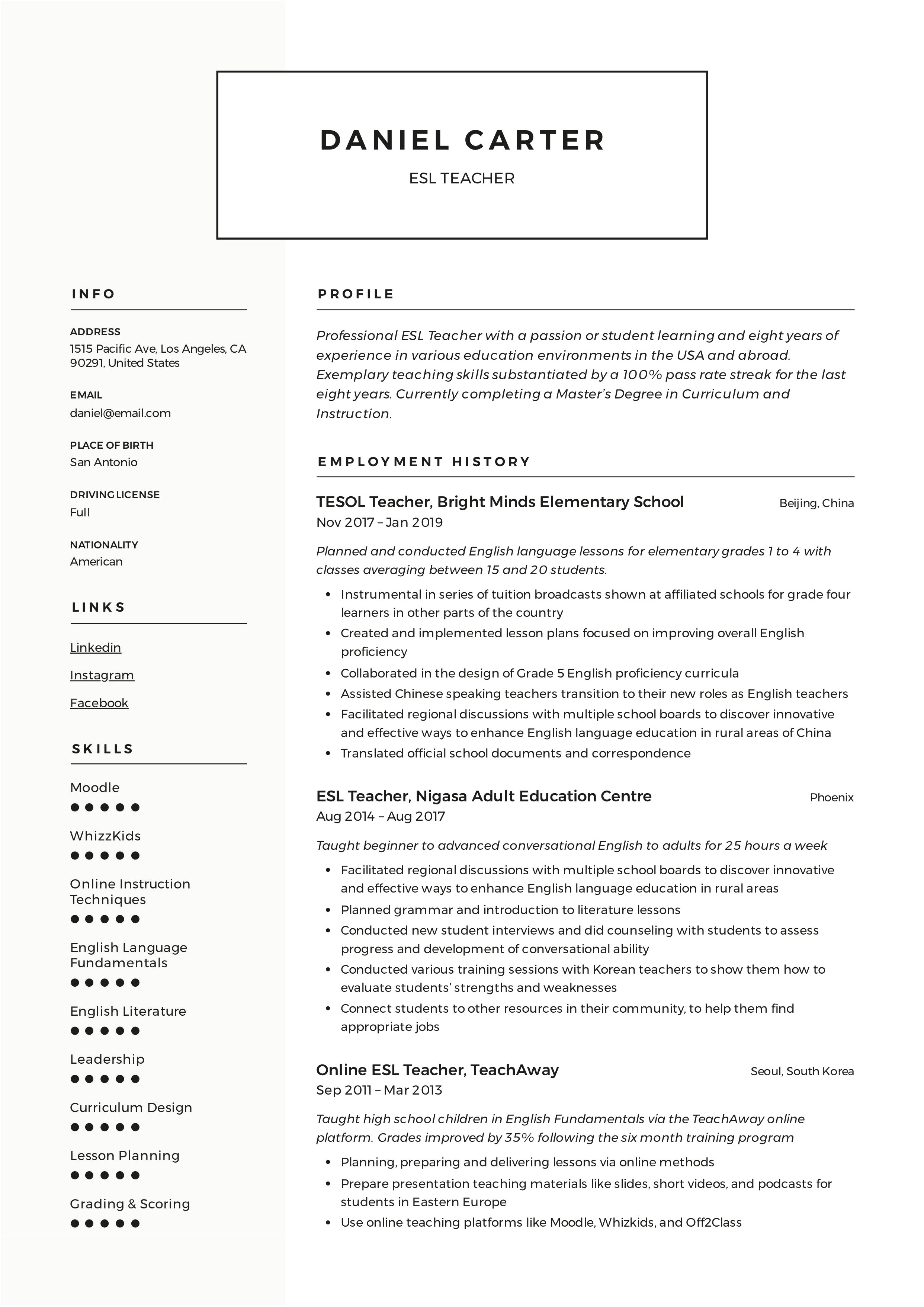 Objective In Resume For English Tutor