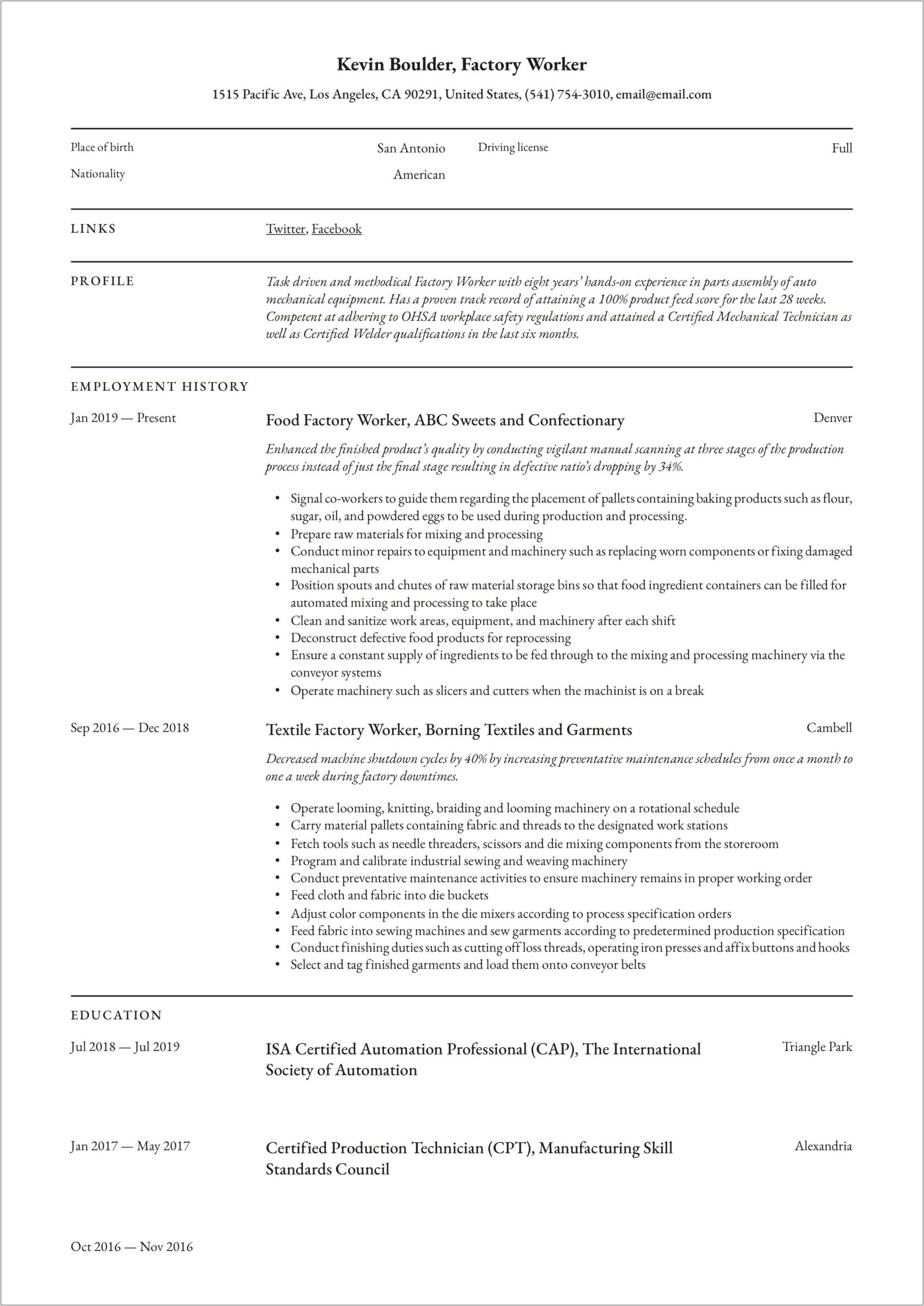 Objective In Resume For Factory Worker