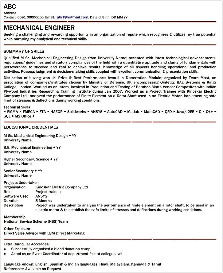 Objective In Resume For Freshers Mechanical Engineer