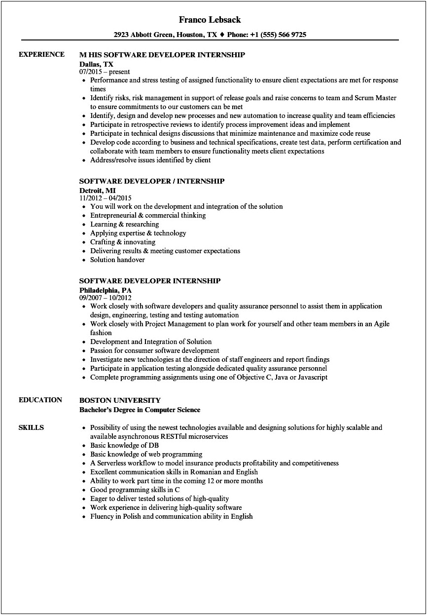 Objective In Resume For Internship In Computer Engineering