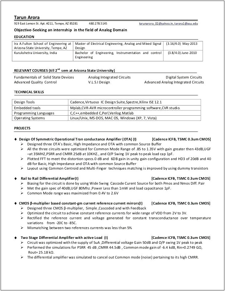 Objective In Resume For Mixed Signal Design Studenrs