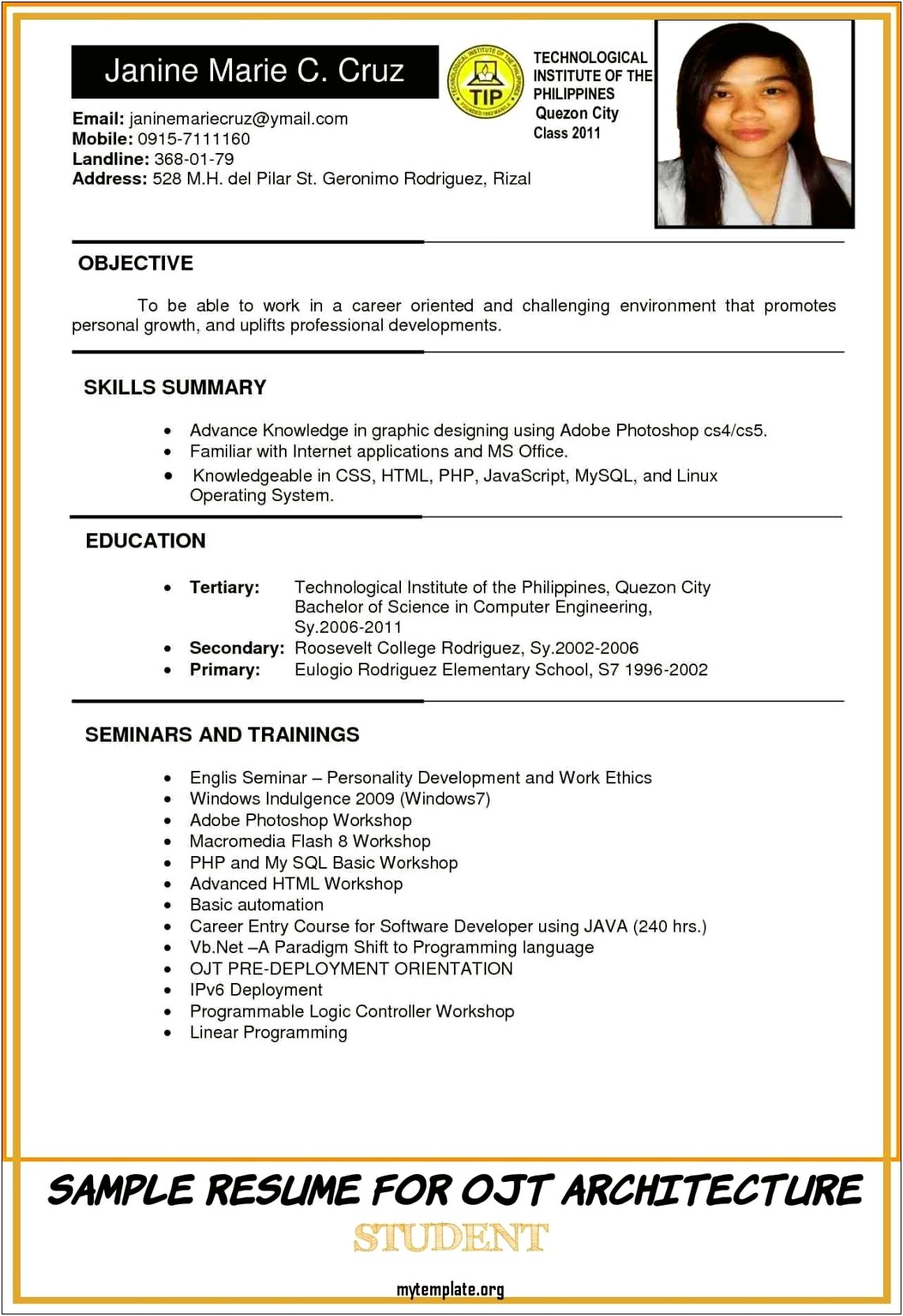 Objective In Resume For Ojt Example