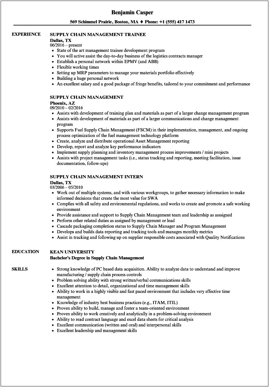 Objective In Resume For Supply Management