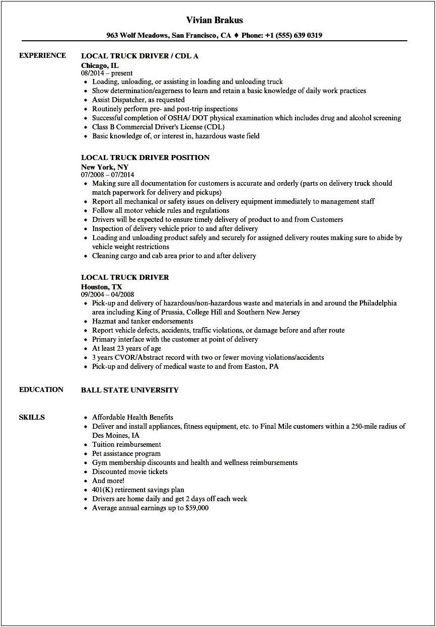 Objective In Resume For Truck Driver
