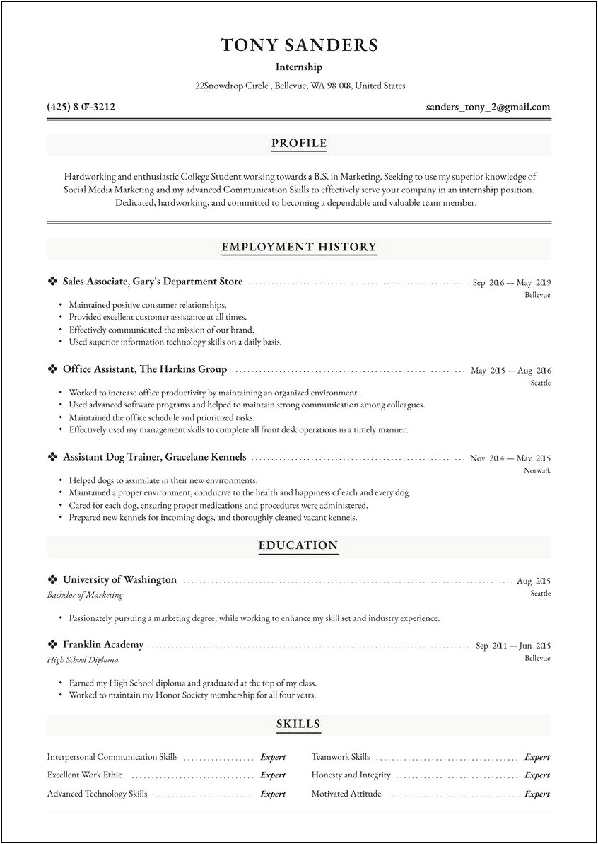 Objective In Resume Internship Examples
