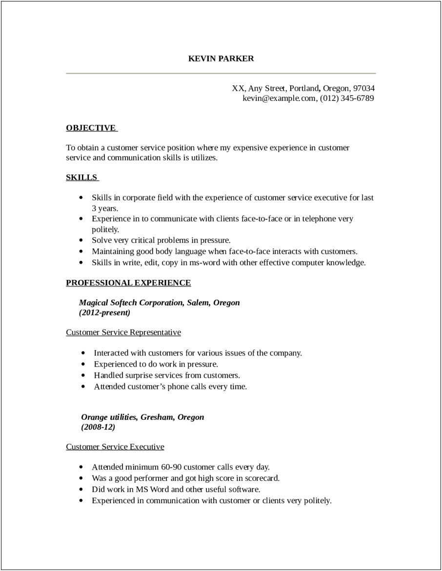 Objective Of A Resume For Customer Service