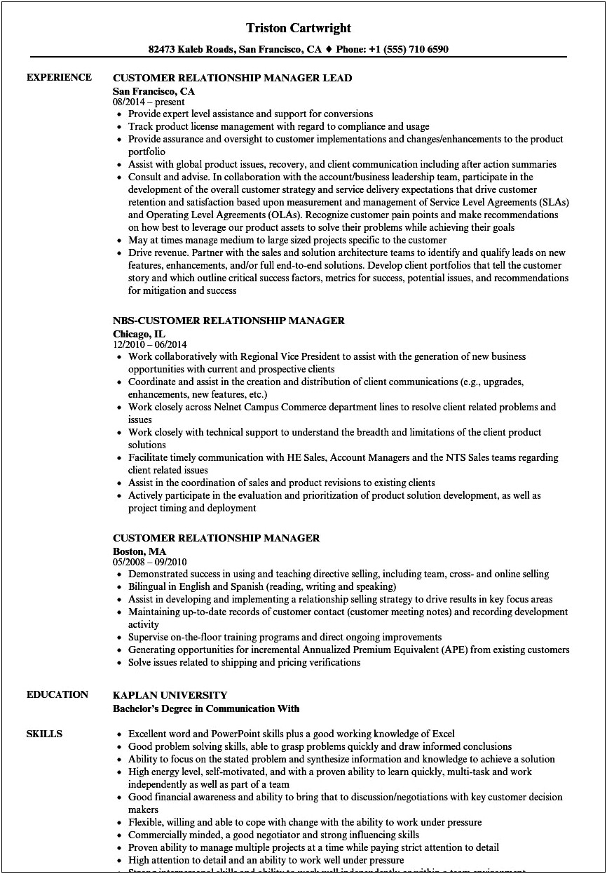 Objective Of Customer Relationship Manager Resume