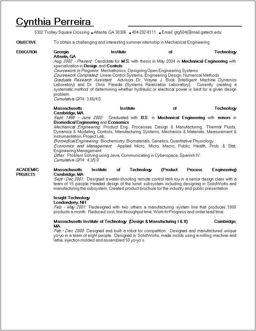 Objective Of Engineering Student Resume
