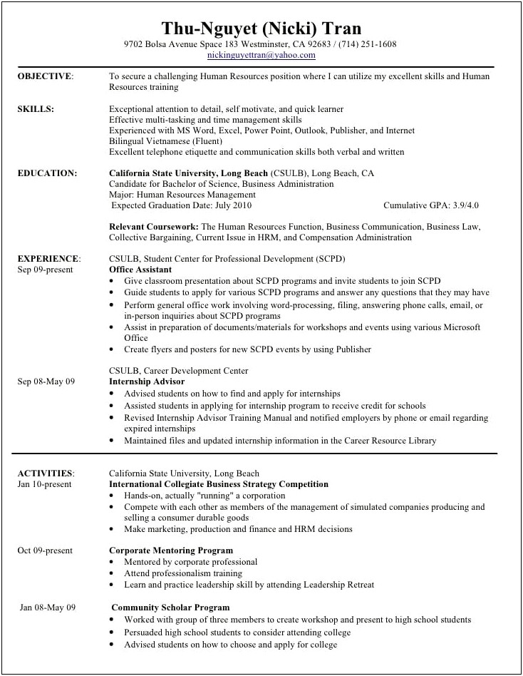 Objective Of Hrm Student In Resume