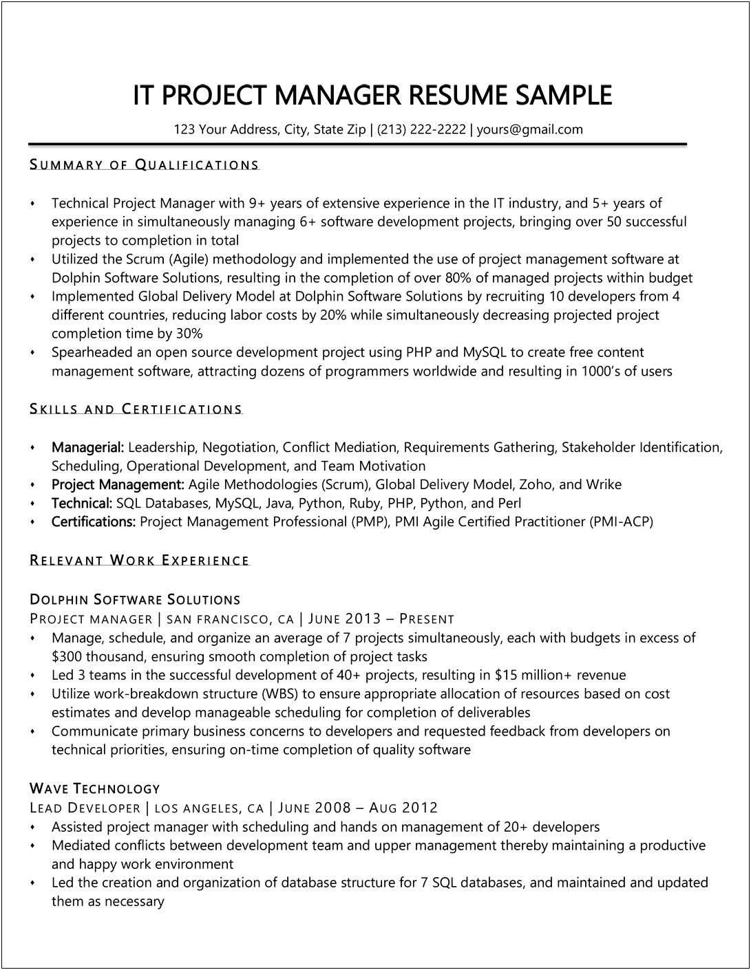 Objective Of Project Manager In Resume