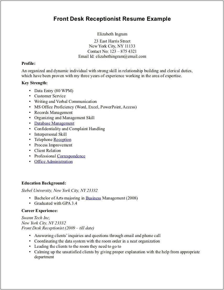 Objective Of Receptionist On Resume Example