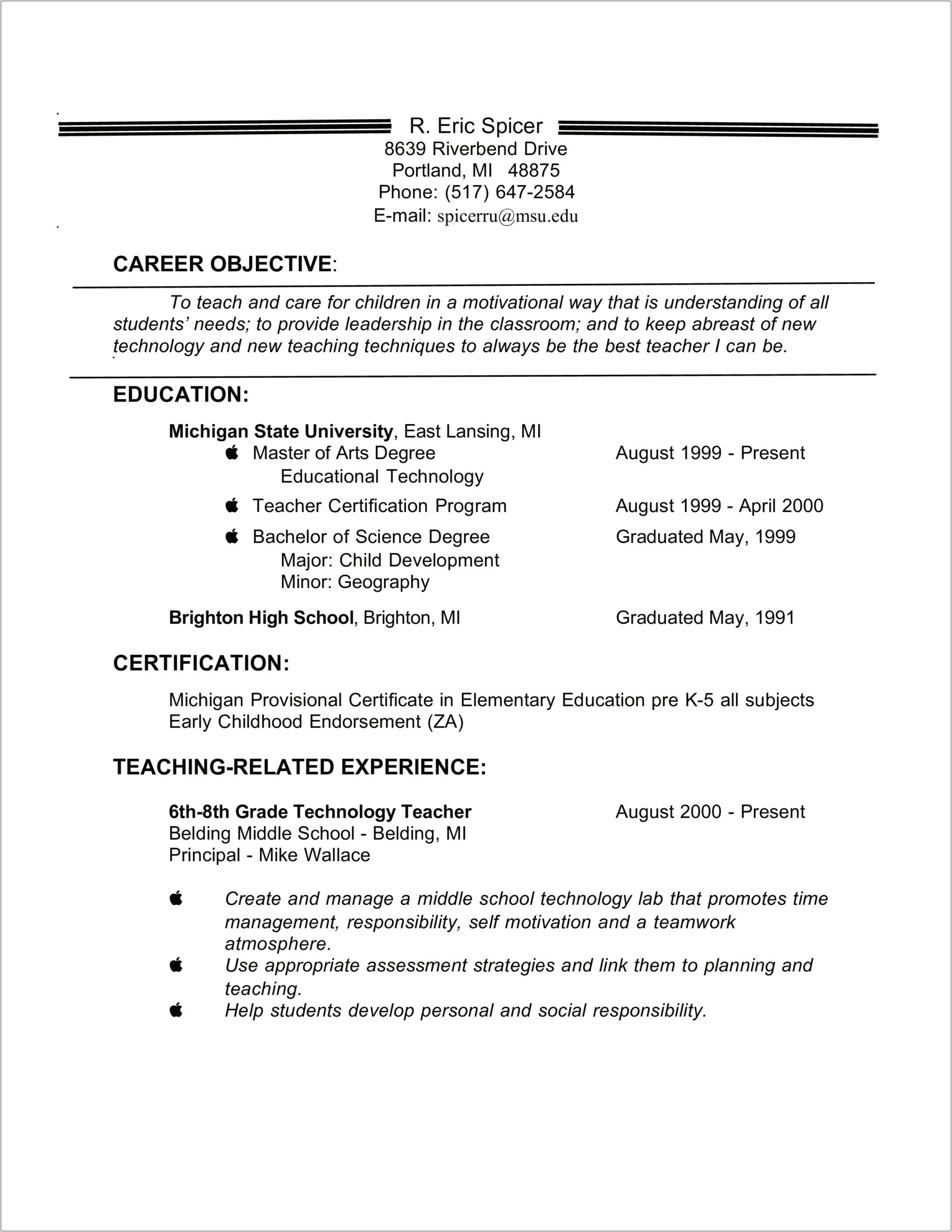 Objective Of Resume For Teacher