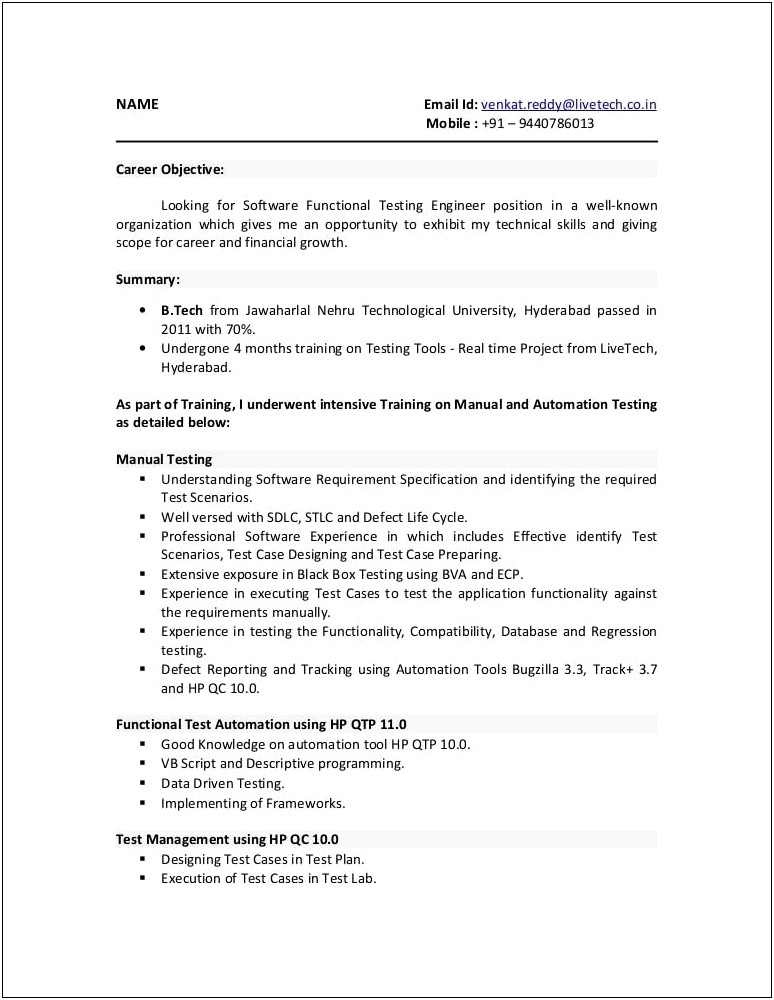 Objective Of Software Testing Resume