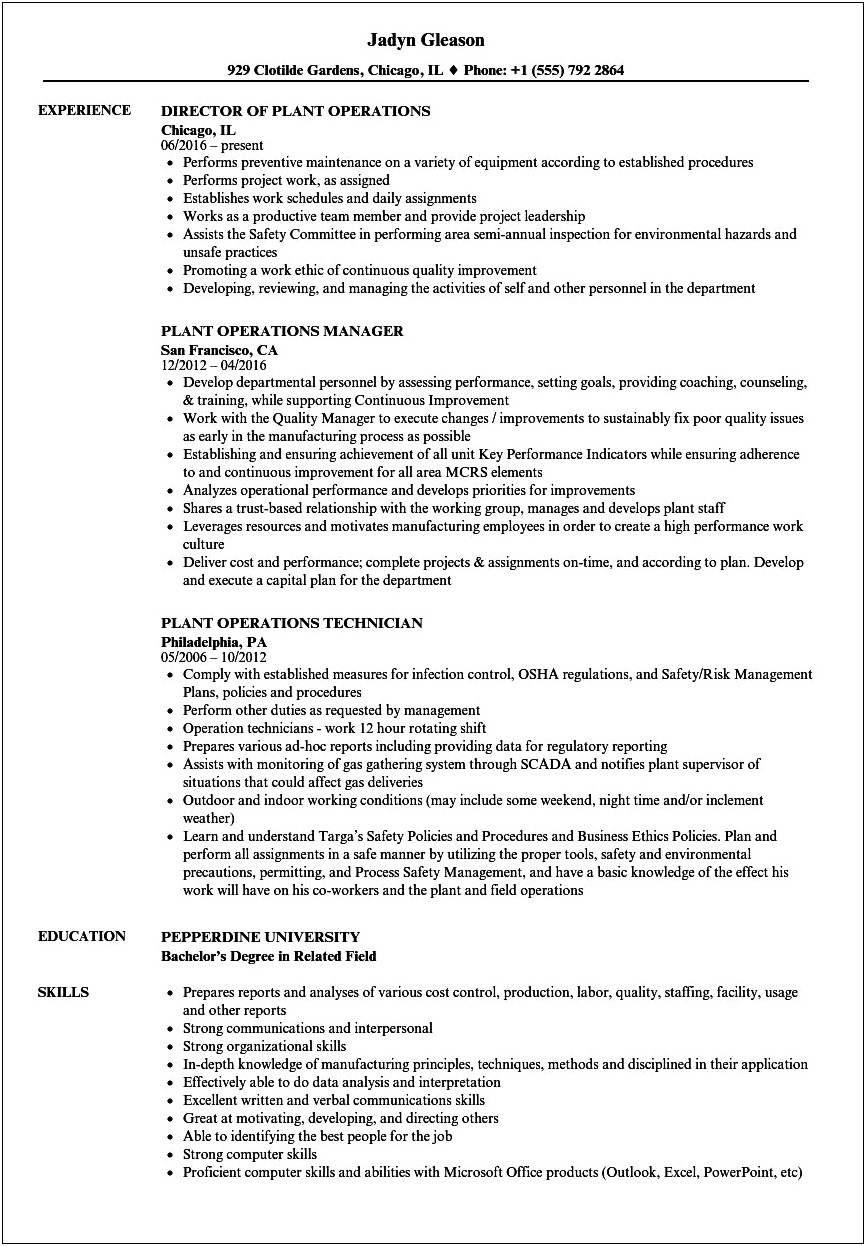 Objective On A Resume For A Plant Operator