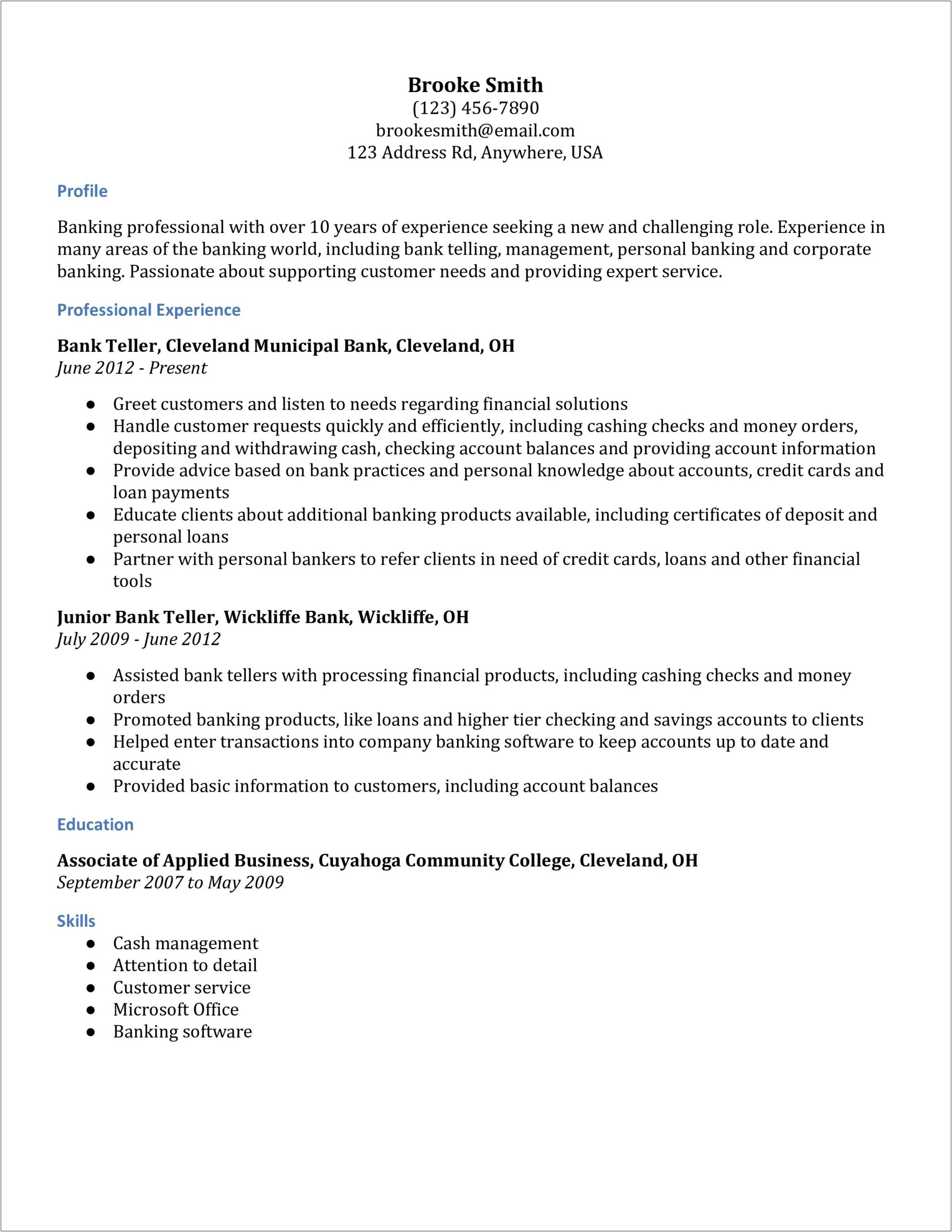 Objective On A Resume For Bank Teller