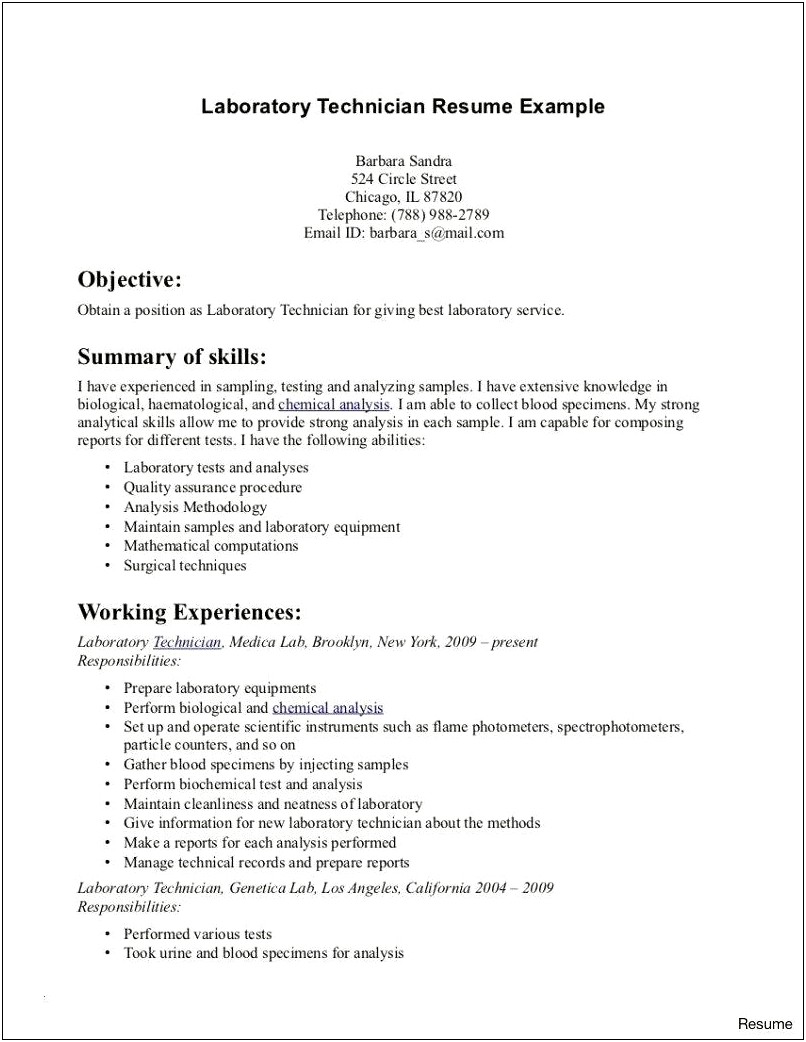 Objective On A Resume For Lab Technician